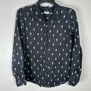 Garnet Hill Womens 4 100% Linen Button Down Shirt Top Navy Blue White Southwest